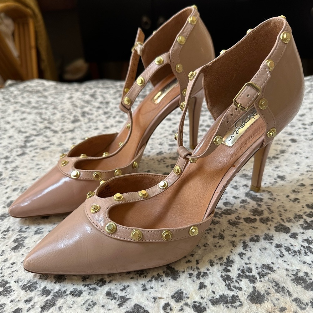 Halogen Dusty Pink Studded T-Strap Pointed Toe Heels